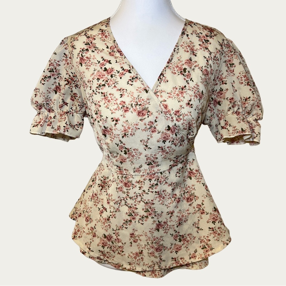 SHEIN‎ Floral V-Neck Tie Waist Puffy Sleeve Blouse Cream/Maroon Med Coquette